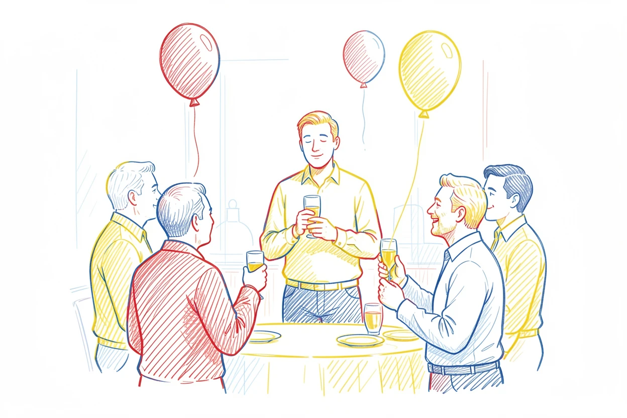 A quiet retirement party with balloons and a heartfelt toast among colleagues