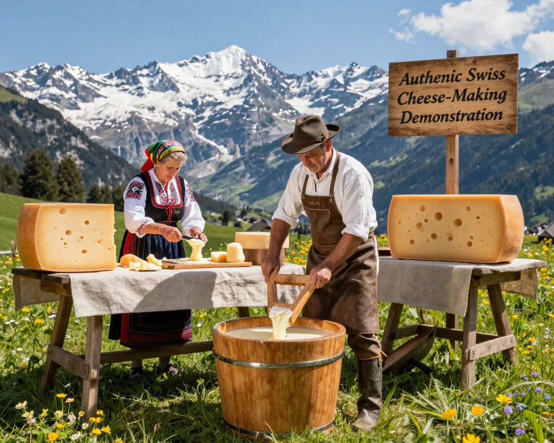 A traditional Swiss cheese-making demonstration in the Alps