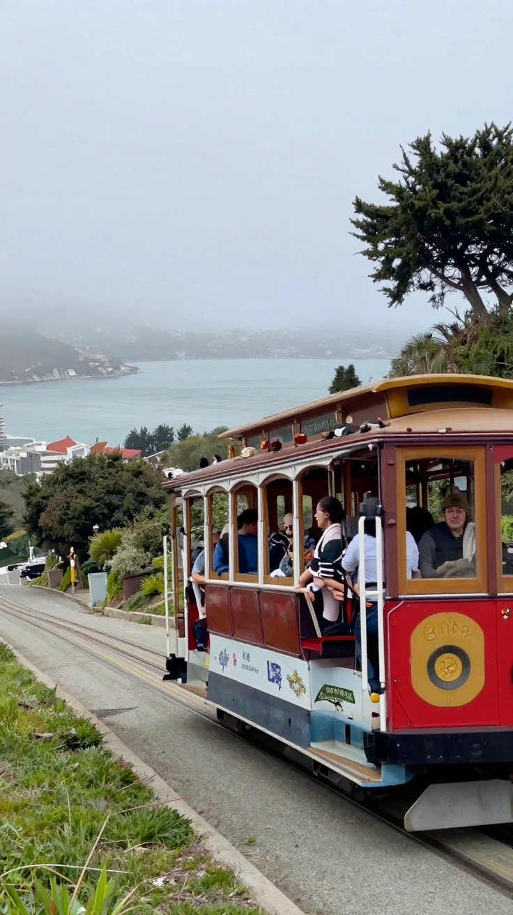 A cable car climbs a steep hillside overlooking a fog-covered bay.