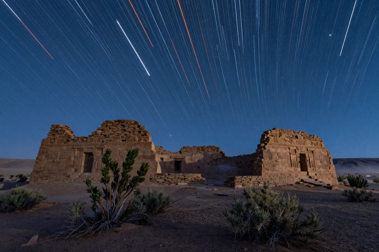 A meteor shower streaking across a clear desert sky above ancient ruins