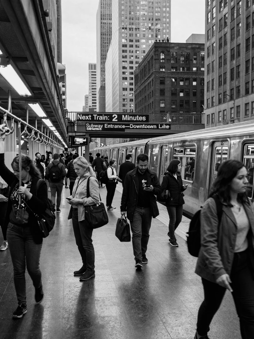 A busy subway station fills with the rush of arriving trains beneath a sprawling urban skyline.
