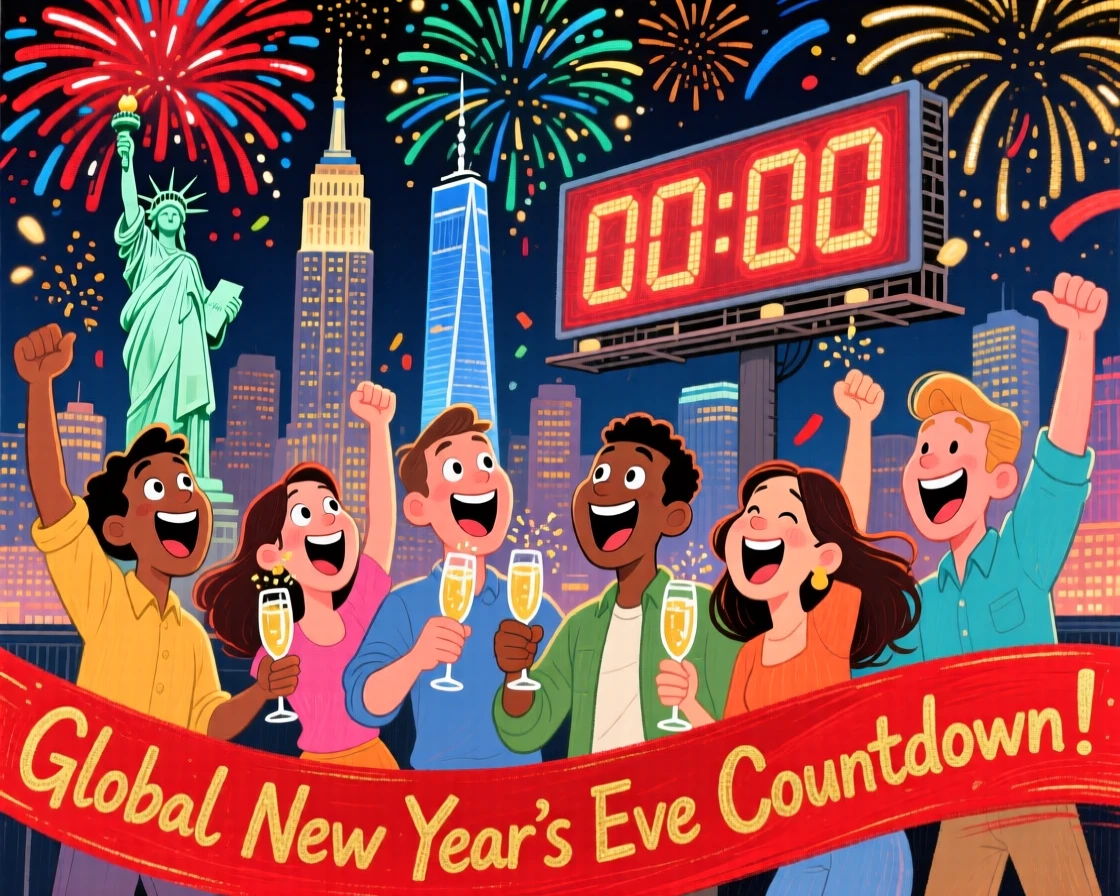 A group celebrating a global New Year's Eve countdown, fireworks bursting over a famous skyline.