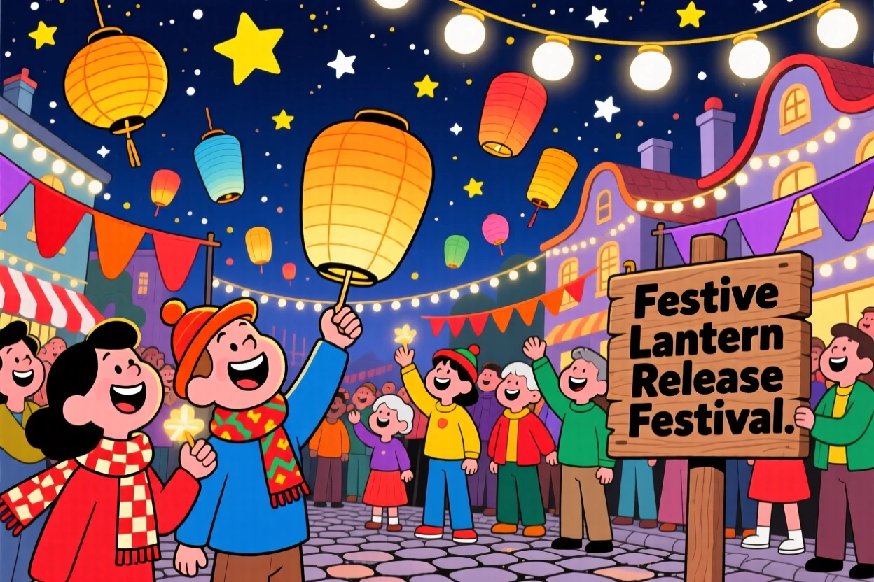 A festive celebration scene of a festive community releasing paper lanterns into a starry night sky, with twinkling string lights strung overhead.