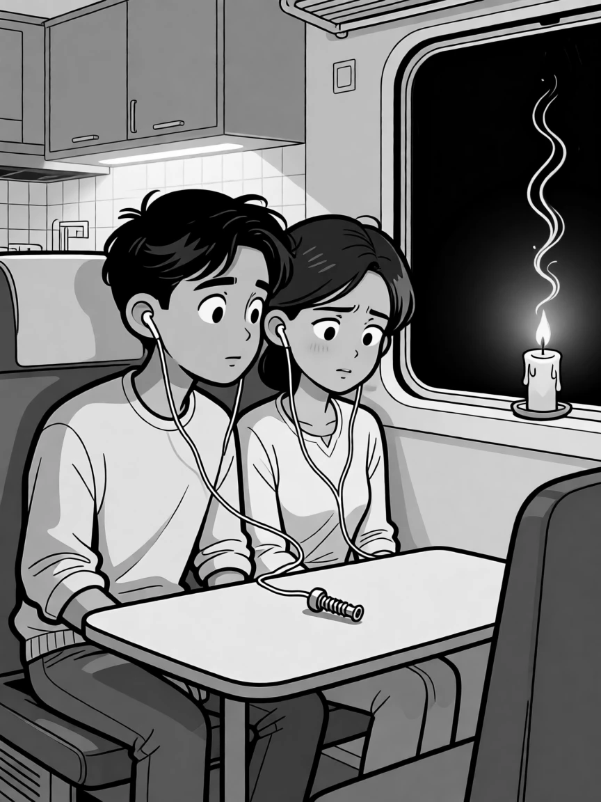 Two people sharing one pair of earbuds on a train, staring baffled at a single leftover screw, set in a warmly lit kitchen after hours. A half-melted candle flickers on the windowsill. The scene feels like a love story told through small moments.