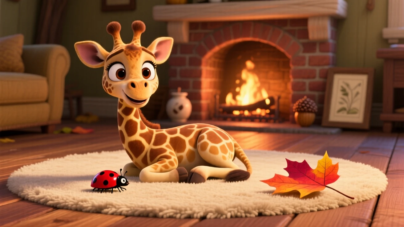 A wobbly baby giraffe is curled up beside a crackling fireplace, watching a ladybug crawl by. The scene feels warm and heartwarming, with a single fallen leaf beside it.