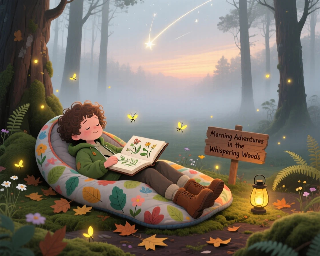 In a foggy morning woodland, a young botanist with a sketchbook is spotting shooting stars from a sleeping bag, as fireflies begin to appear at dusk.