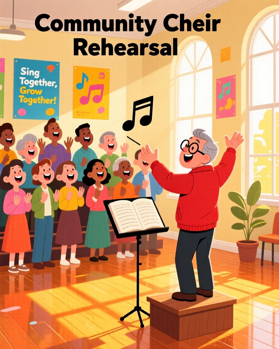 A community choir rehearsing together in a sunlit hall.