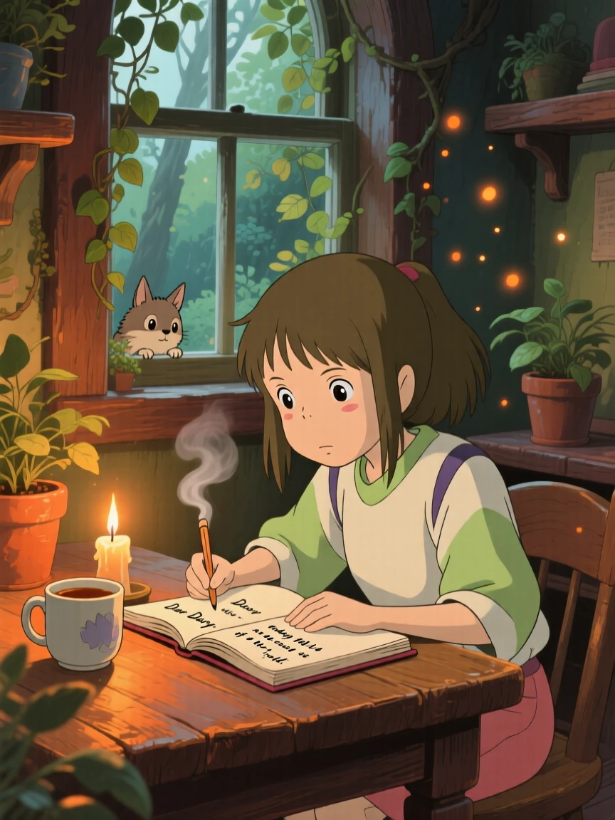A girl writing in her diary by candlelight, steam rising gently from a mug of tea, the whole scene feeling quietly content.