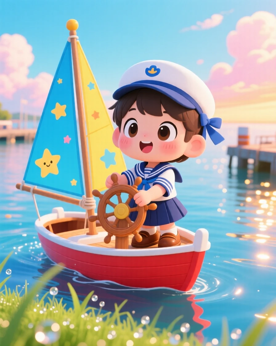 A small sailor steering a colorful sailboat in a sparkling harbor as morning dew glistens on the grass; soft golden-hour sunlight washes over the scene as gentle surprise fills the moment. Over-the-shoulder view.