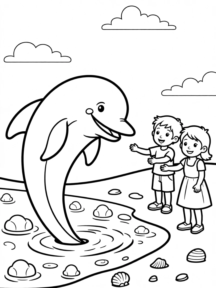A friendly dolphin greeting children at a shallow tide pool
