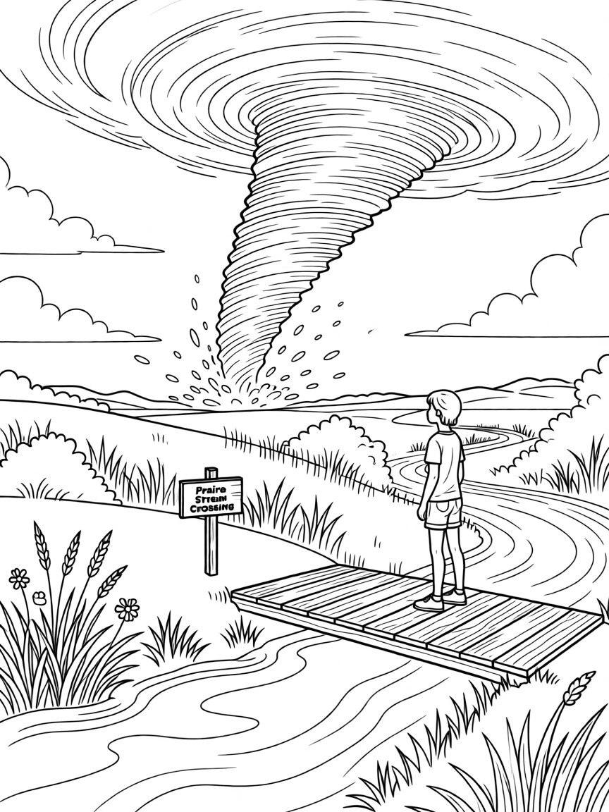 A tornado forming on the horizon of an open prairie, with a small wooden bridge crossing a stream nearby.