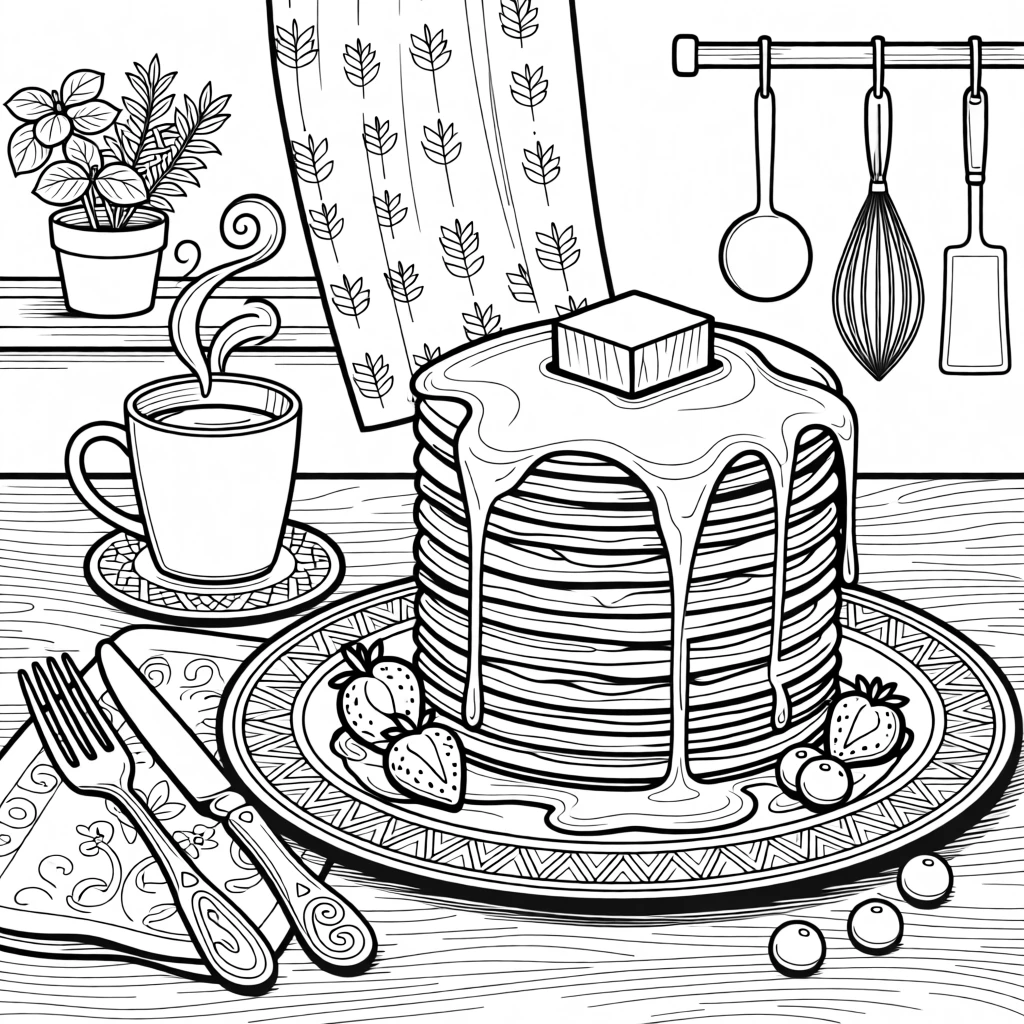A cozy pancake breakfast scene with a stack drizzled in maple syrup.