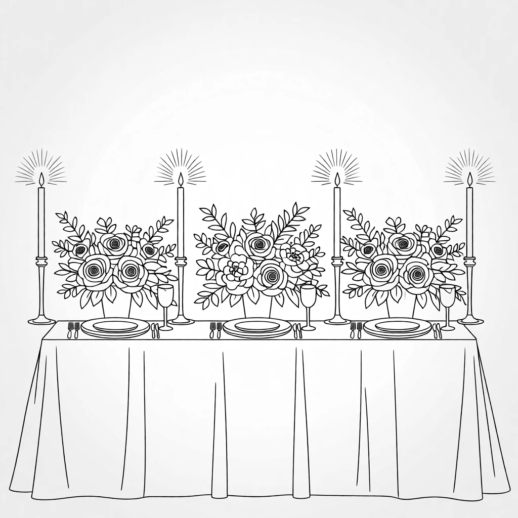 A wedding reception table decorated with flowers and candles