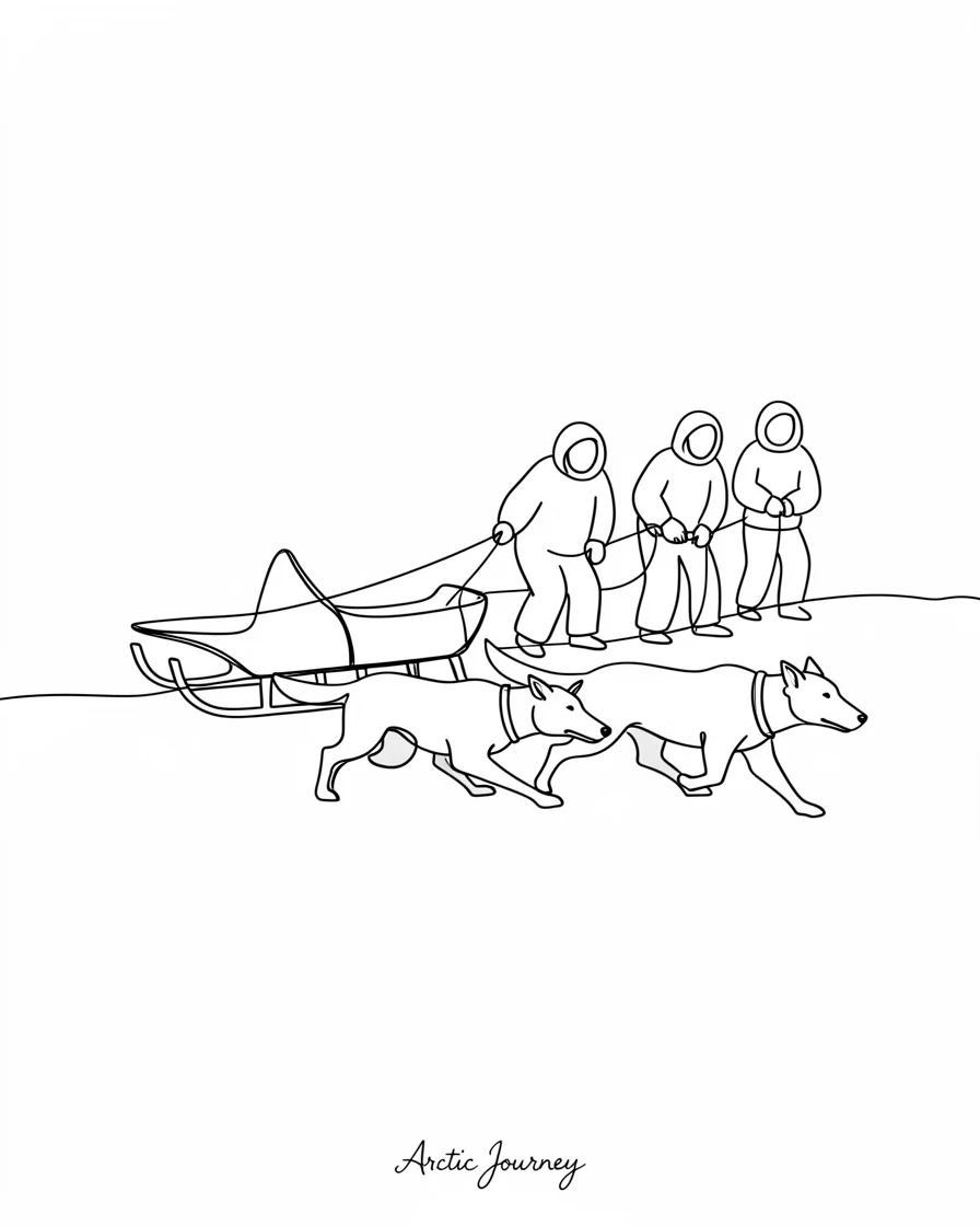 A group of Inuit hunters traveling by dog sled across arctic ice