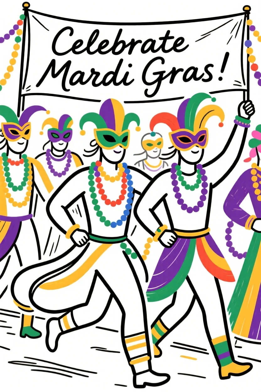 A costume parade celebrating Mardi Gras with colorful masks and beads.