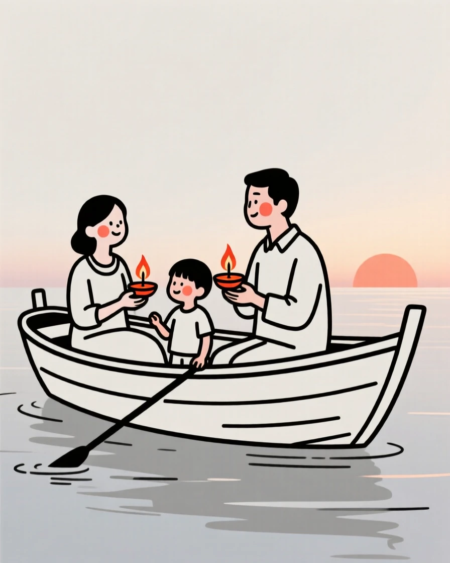 A family celebrating Diwali with lit lamps, on a fishing boat at dawn.