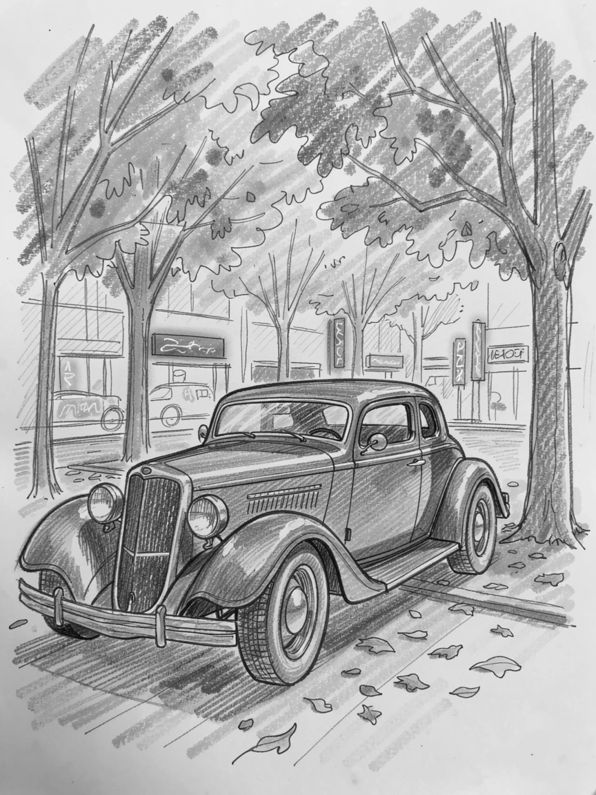 A hot rod car gleaming under neon city lights, under a canopy of autumn trees, with warm evening light glowing across its surface.