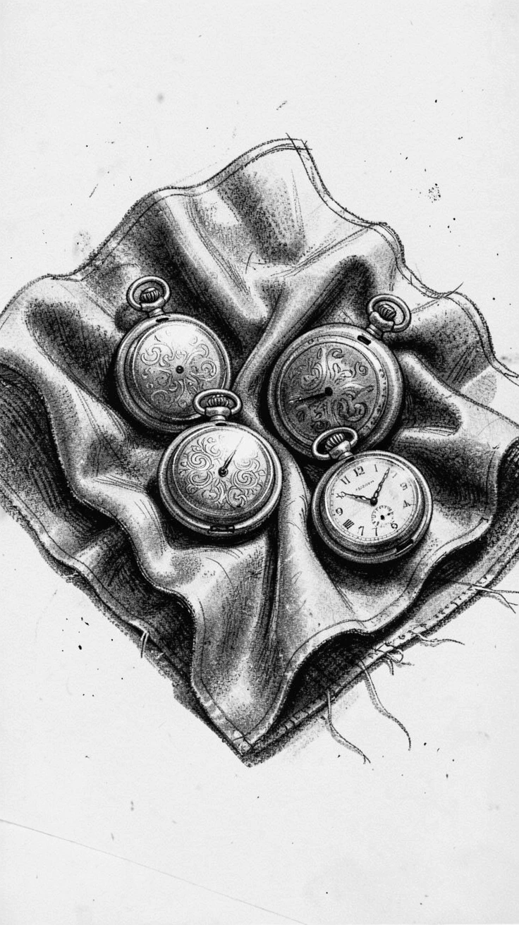 A collection of antique pocket watches on a velvet cloth, with a light breeze stirring the surroundings.
