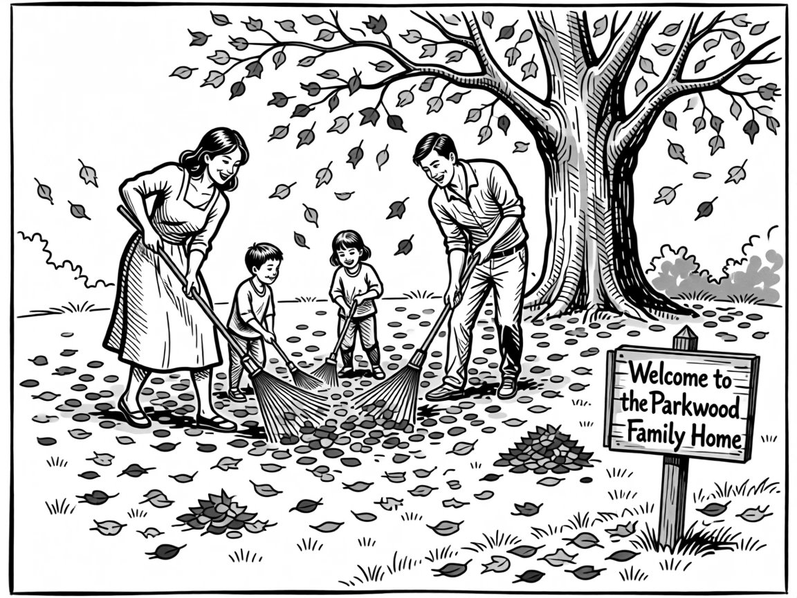 A family raking autumn leaves together in their front yard.