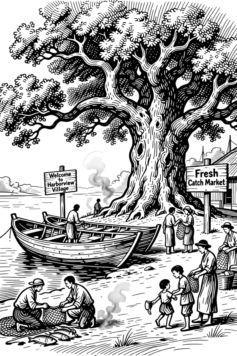 A fisherman's village with traditional wooden boats beneath the shade of ancient trees, with dust rising softly from the ground, portrayed in a warmly communal historical scene.
