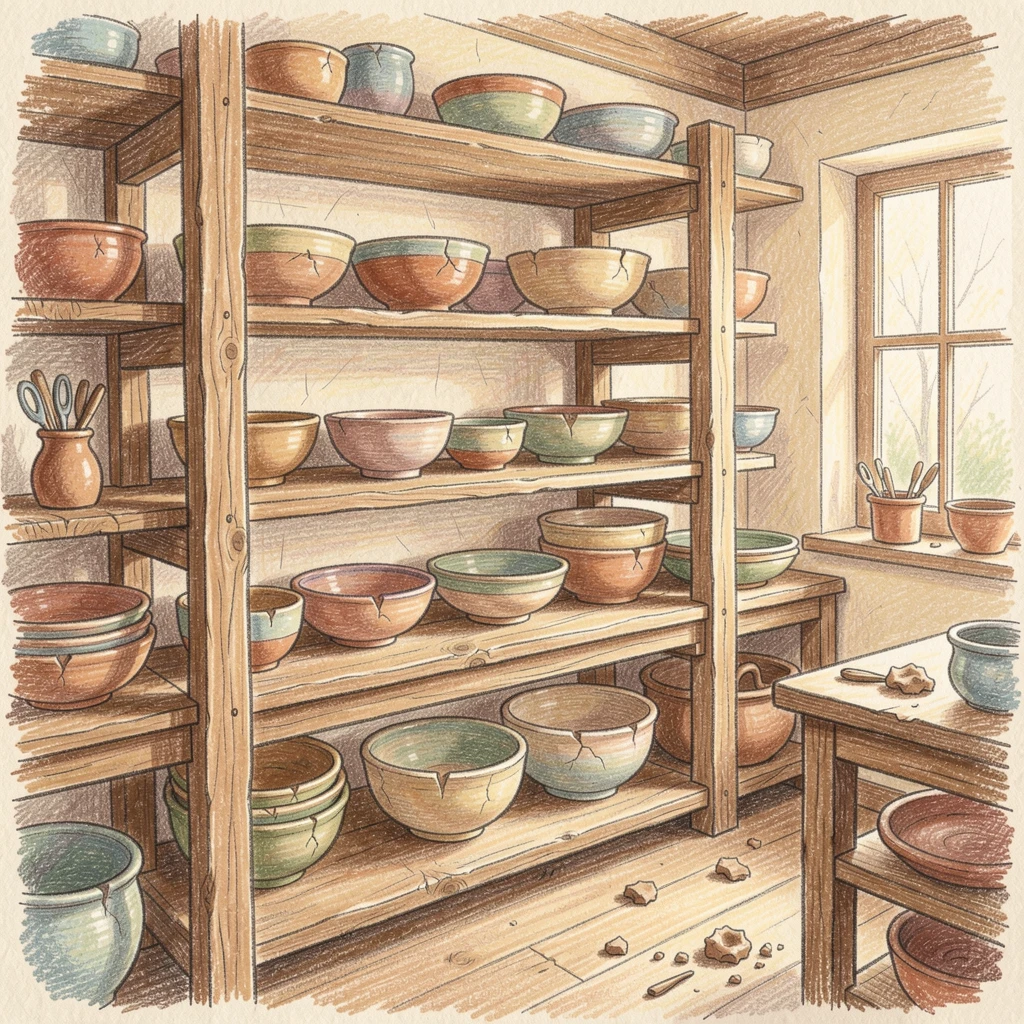 A rustic pottery studio with shelves of finished ceramic bowls, with delicate details that reward a closer look, evoking nostalgia and a deep sense of contentment.