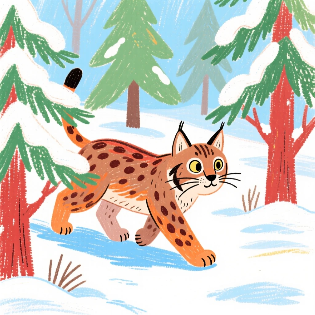 A lynx stalking quietly through a snowy pine forest.