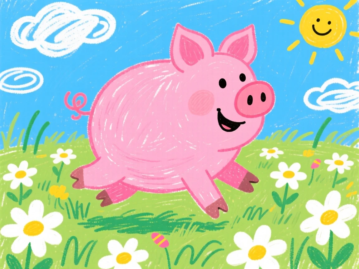 A piglet hopping through a meadow of daisies.