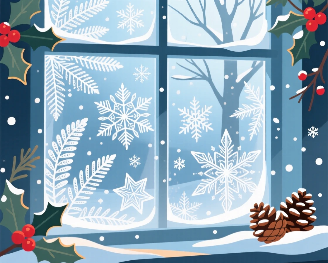 A frosty windowpane etched with delicate ice crystals, surrounded by the colors typical of the season, arranged with seasonal colors creating a cohesive mood, with charming small details that evoke the season perfectly.