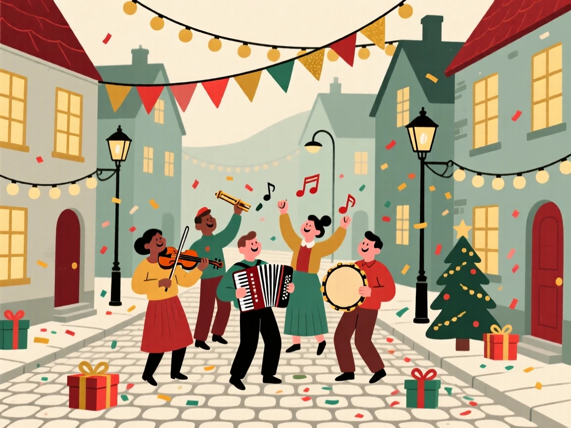 A New Year celebration with festive music filling a village street.