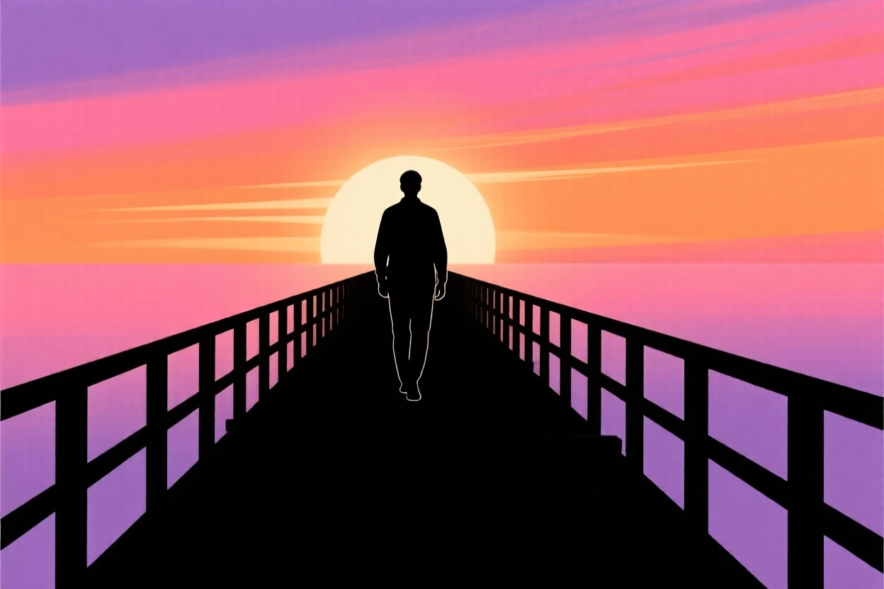 A person walking toward a bright horizon along a long empty pier.