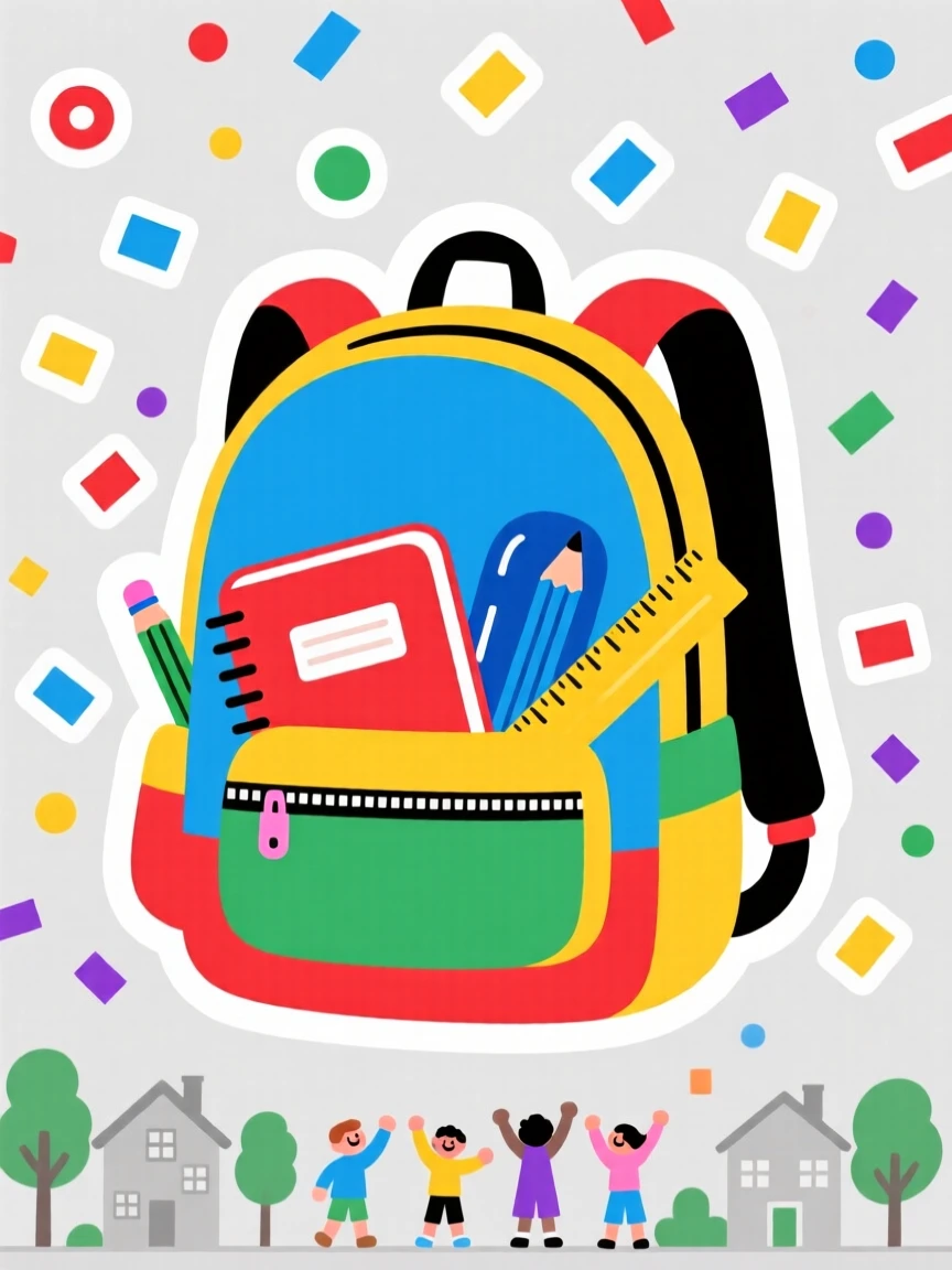 A brightly colored back-to-school backpack with new supplies, surrounded by falling confetti, as the whole neighborhood celebrates together.