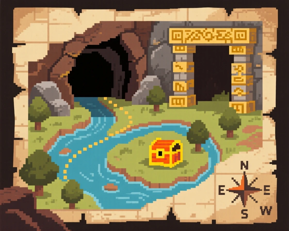 A map leading to a hidden island found deep within an abandoned mine, inside a forgotten temple chamber.