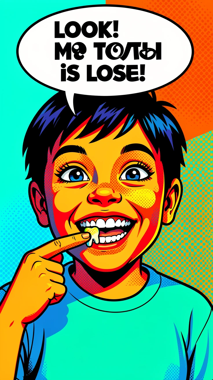 A child proudly showing off a loose tooth with a gap-toothed smile