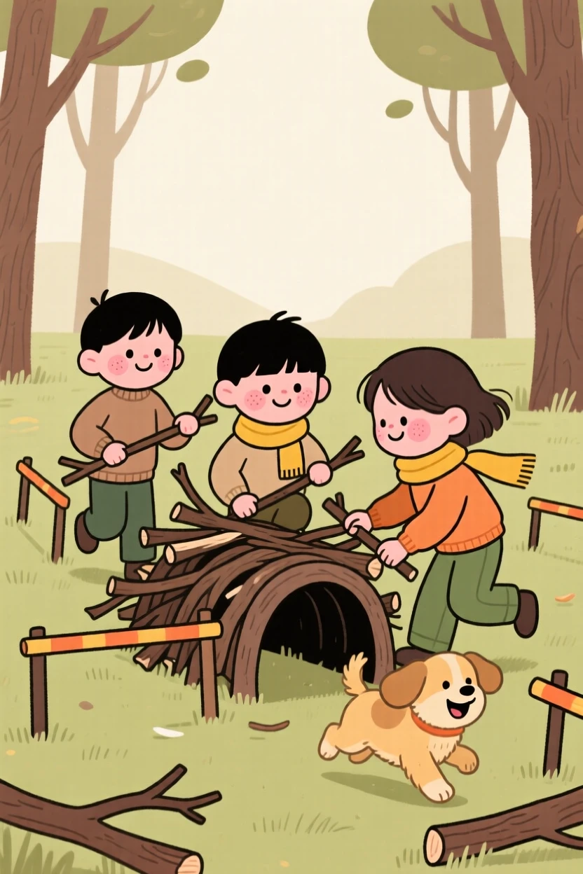 A small group of children build a obstacle course out of fallen branches in the quiet forest clearing, laughing as a puppy bounds through the middle of it.