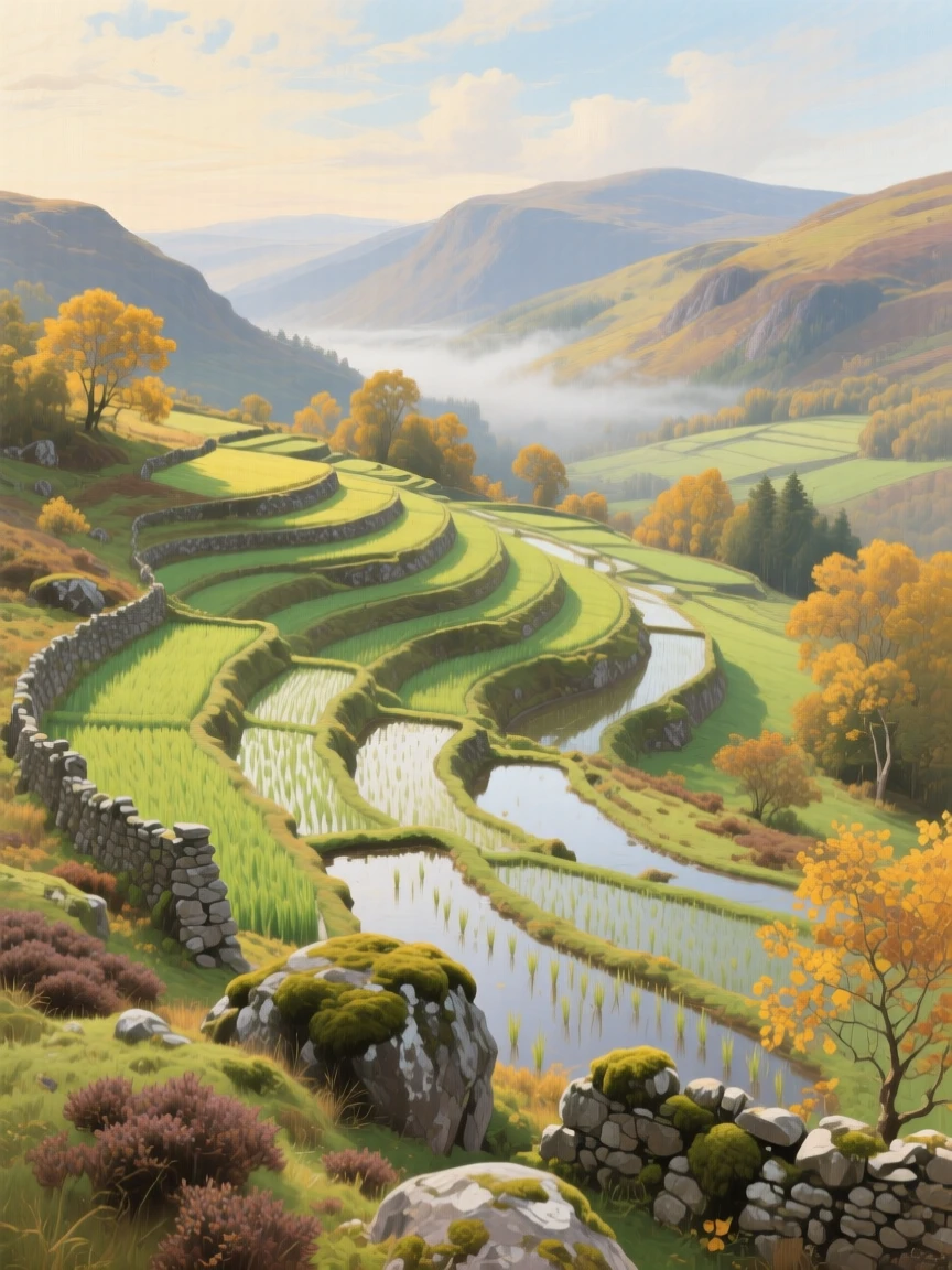 An aerial view of a terraced rice paddy glowing green under a soft sky, in the Scottish Highlands, as autumn leaves turn gold, in a soft summer breeze.