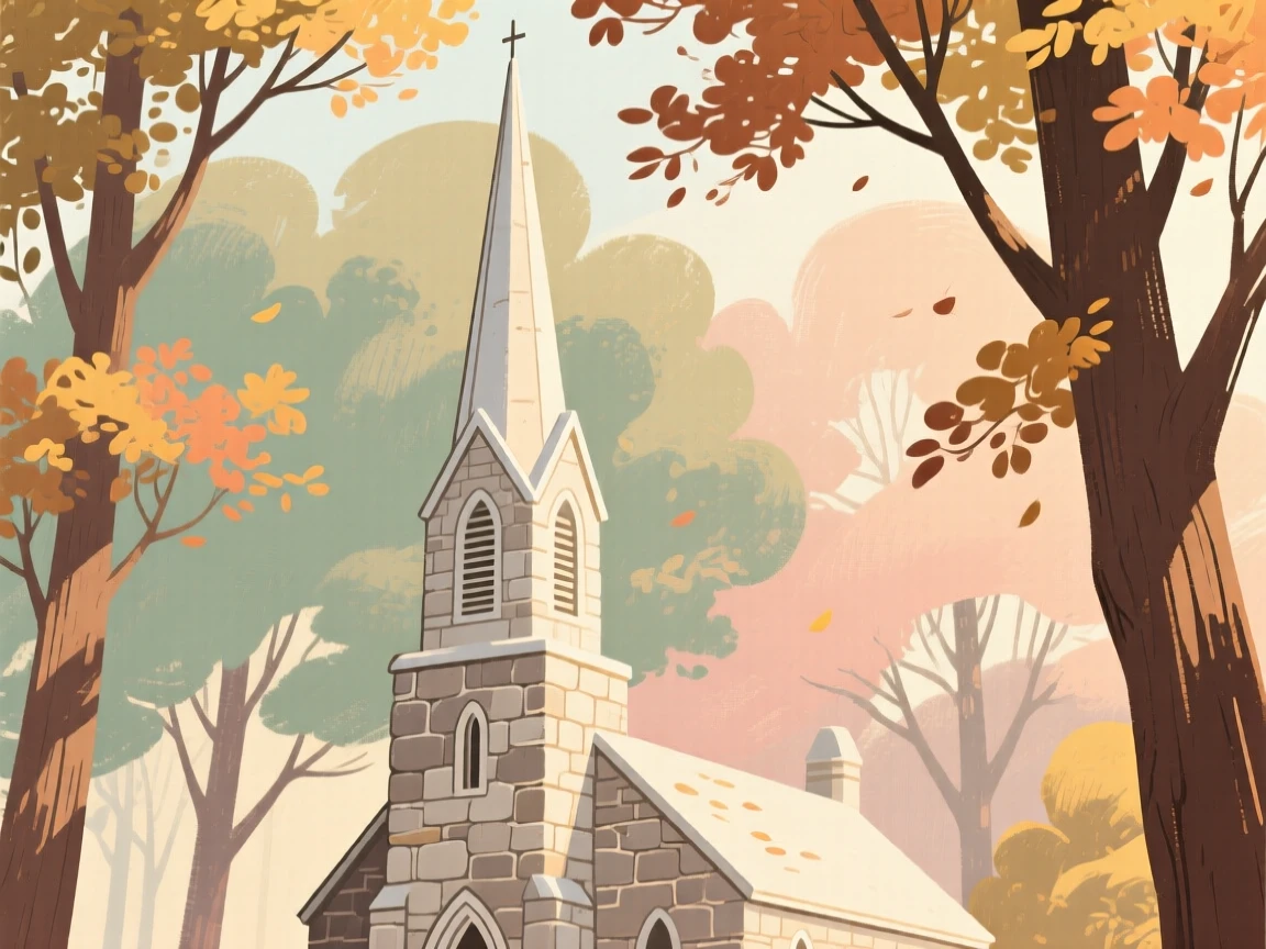 A stone church spire rising above a canopy of autumn trees