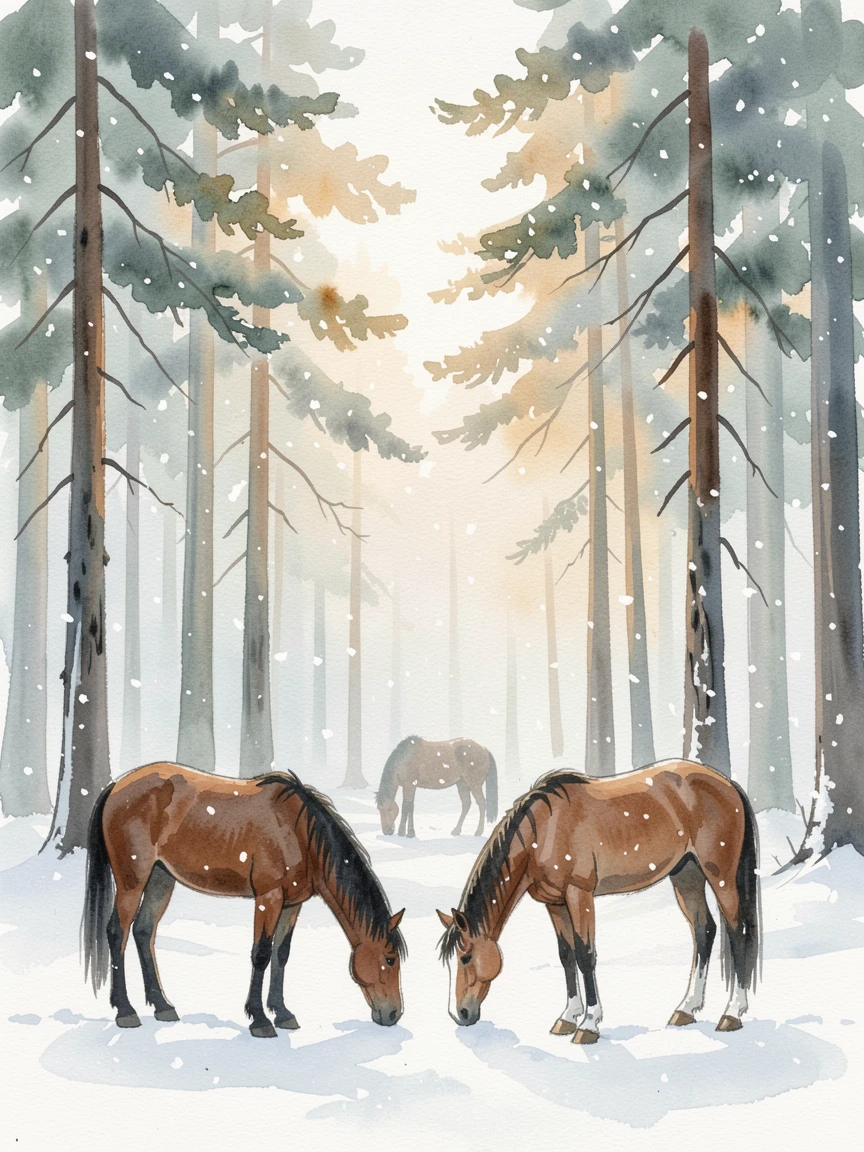 A misty pine forest during the first snowfall with wild horses grazing nearby.