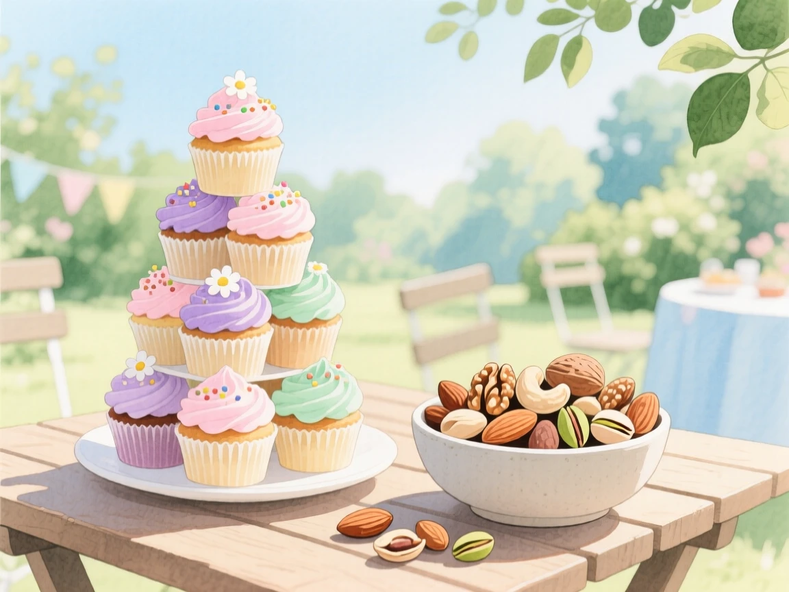 A tower of cupcakes sits beside a bowl of mixed nuts at an outdoor garden party, arranged beautifully for a delightful meal