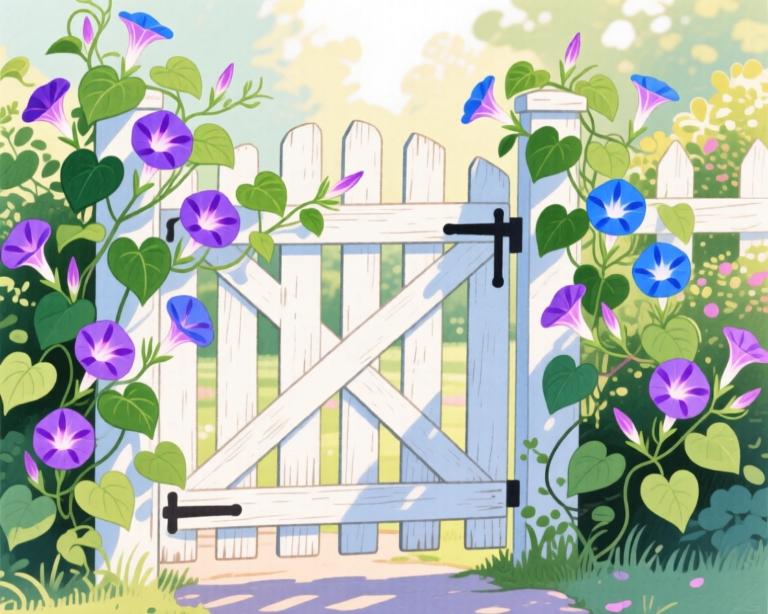 A peaceful view of a garden gate covered in morning glories.