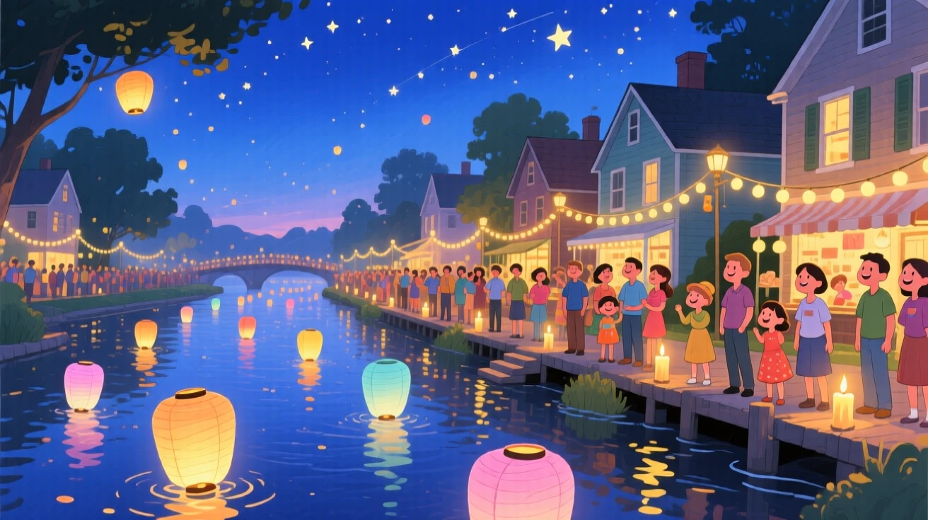A festival parade with lanterns floating down a river, in a riverside town glowing with paper lanterns at night, with the golden glow of candlelight flickering softly, evoking communal celebration and wonder.