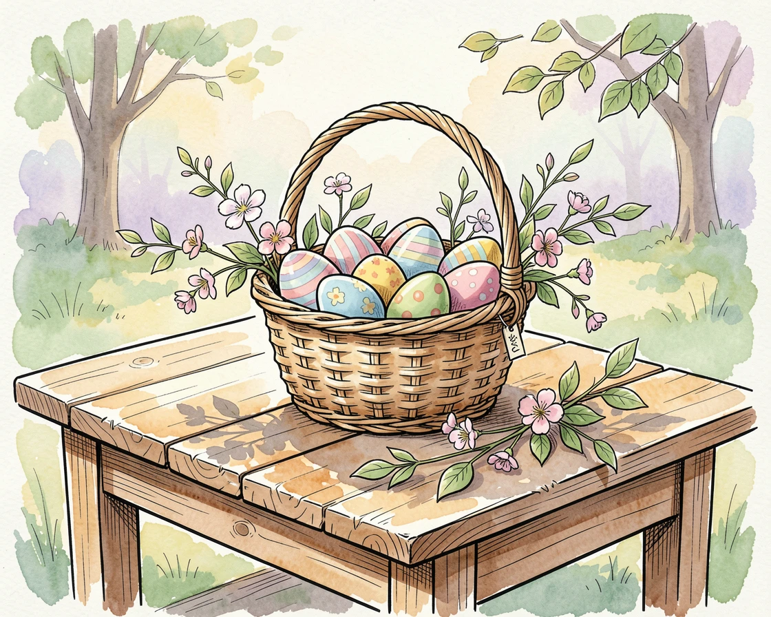 A quiet Easter morning with a basket of eggs on a garden table, soft light and seasonal color bringing the moment to life.