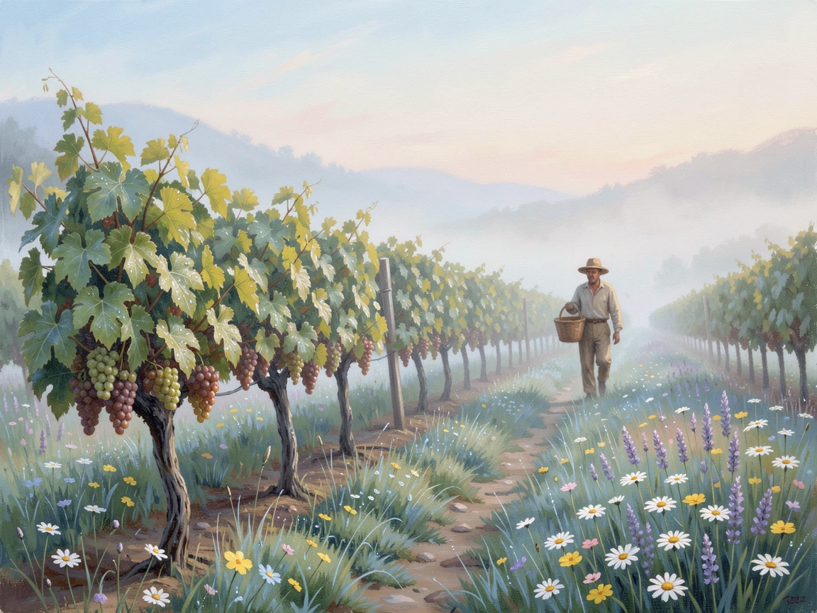 Rows of grapevines stretching toward the horizon, a farmer walking along the edge of the field at dusk, beside a narrow dirt lane lined with wildflowers, on a misty early morning with dew on the grass.