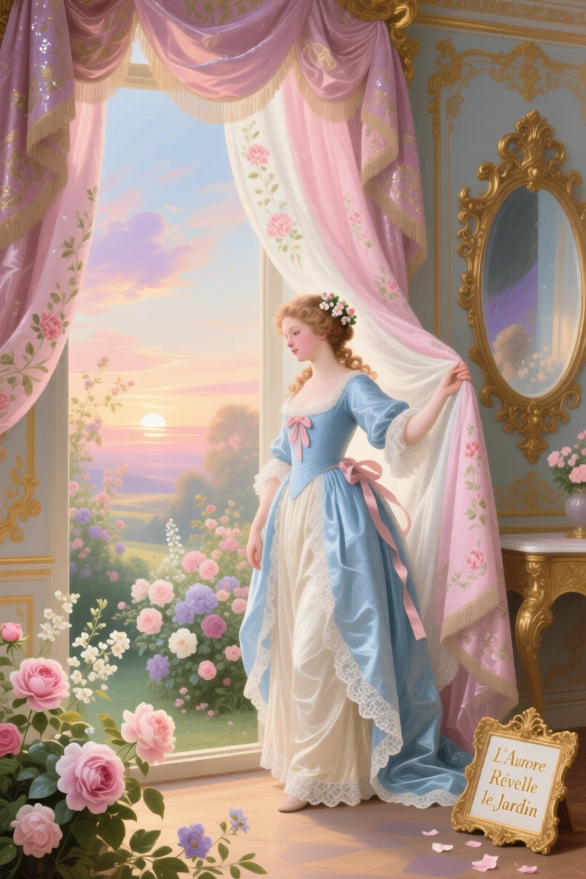 A girl representing dawn, opening curtains to reveal a glowing garden sunrise  