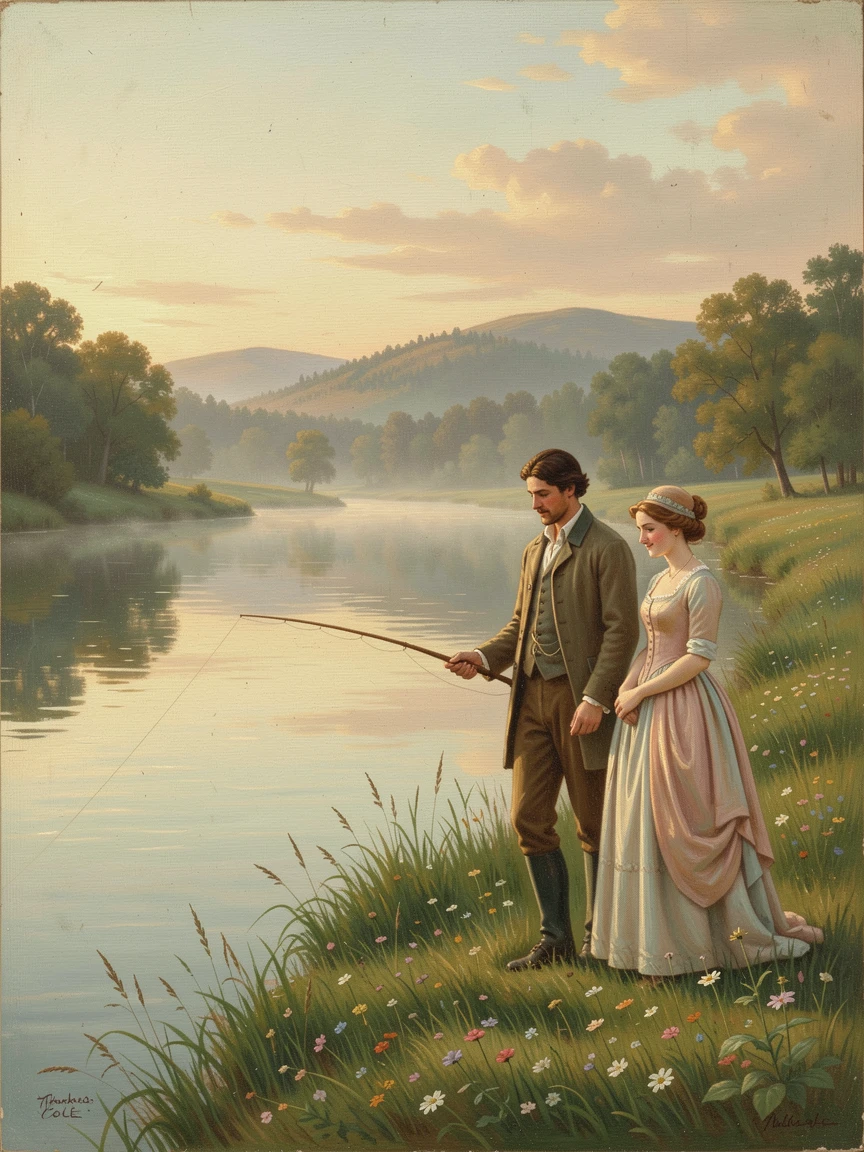 A young couple fishes along the banks of a tranquil river beside a meadow as mist rises off the water.