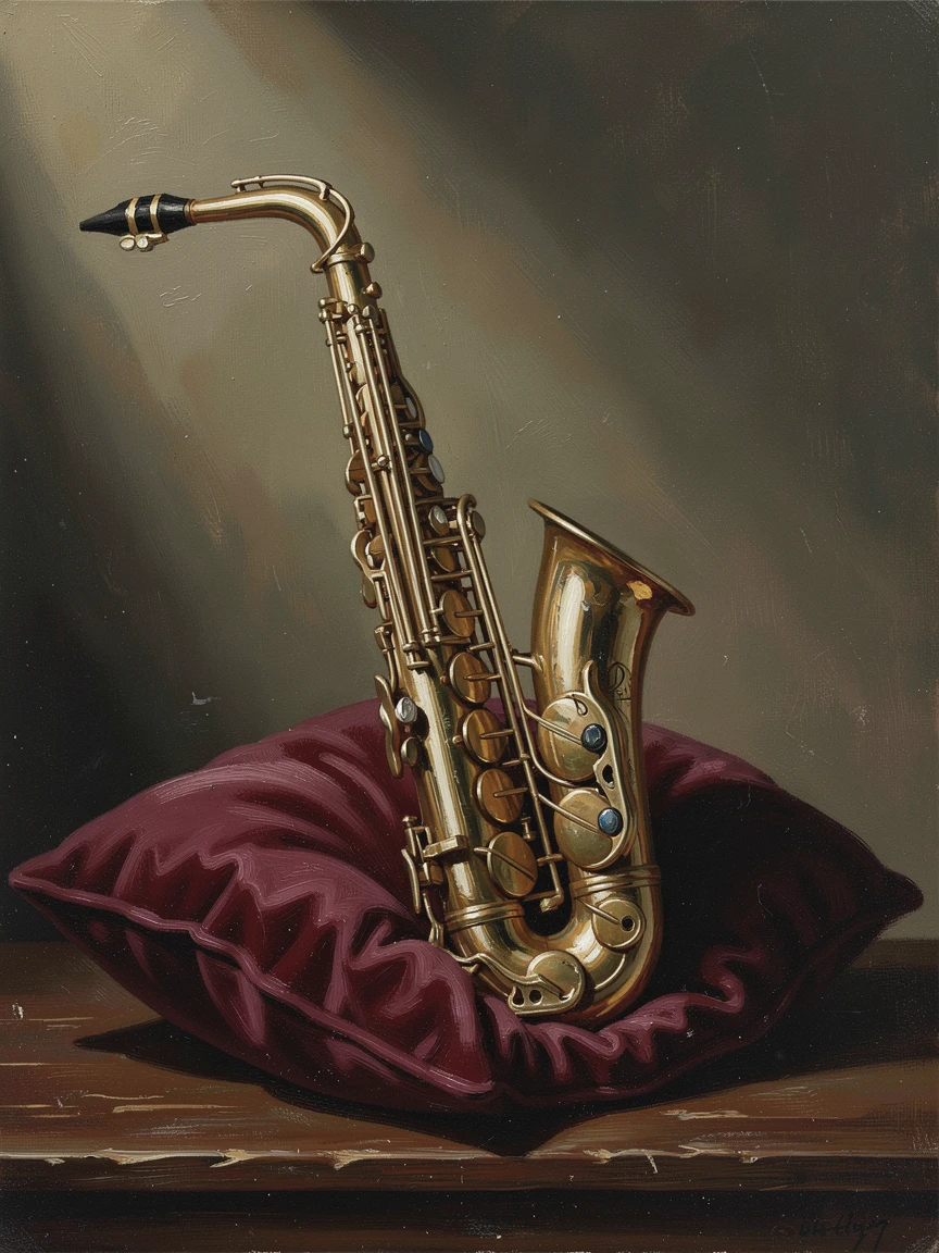 A polished saxophone resting on a velvet cushion beneath stage light, as delicate shadows fall across the surrounding surface, offering a classic, gallery-worthy still life composition