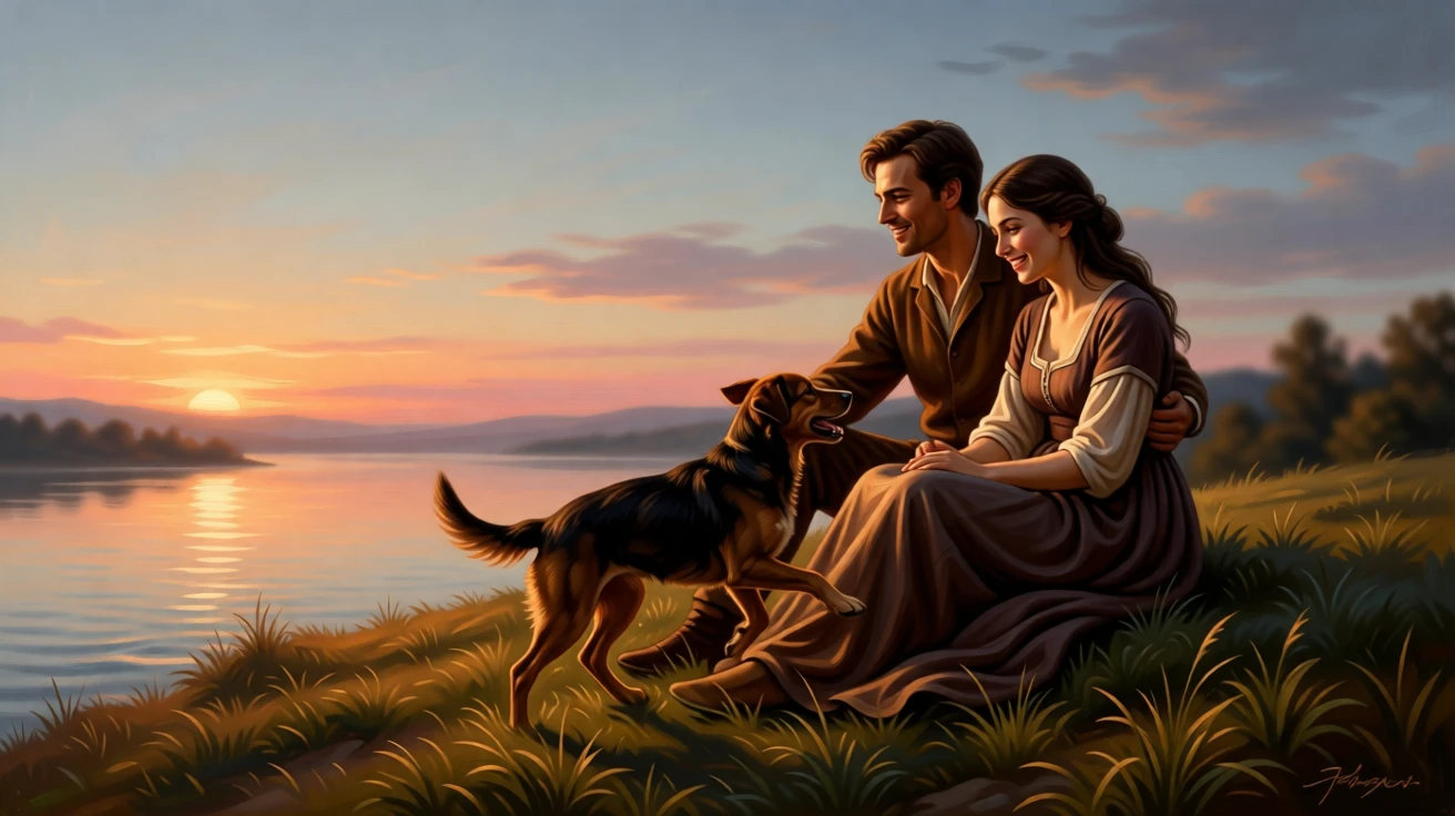A couple watching a sunset together from a quiet hillside as laughter and love fill an otherwise ordinary afternoon, set beside a lakeshore glowing under a soft evening sky, with a family pet weaving happily between the figures; warm, low light wraps the family in a comforting glow, filled with gentle joy and quiet devotion.