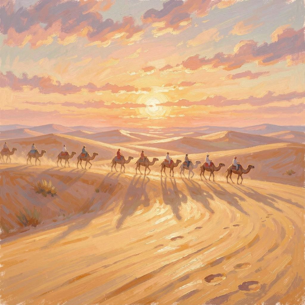 A camel caravan crossing golden Saharan dunes at sunset, long shadows stretching across the sand, inspiring awe at the beauty of the scene.