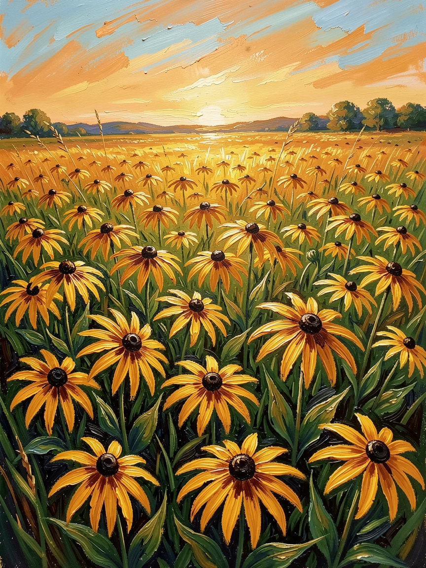 A meadow garden filled with black-eyed Susans swaying under a golden afternoon sun.