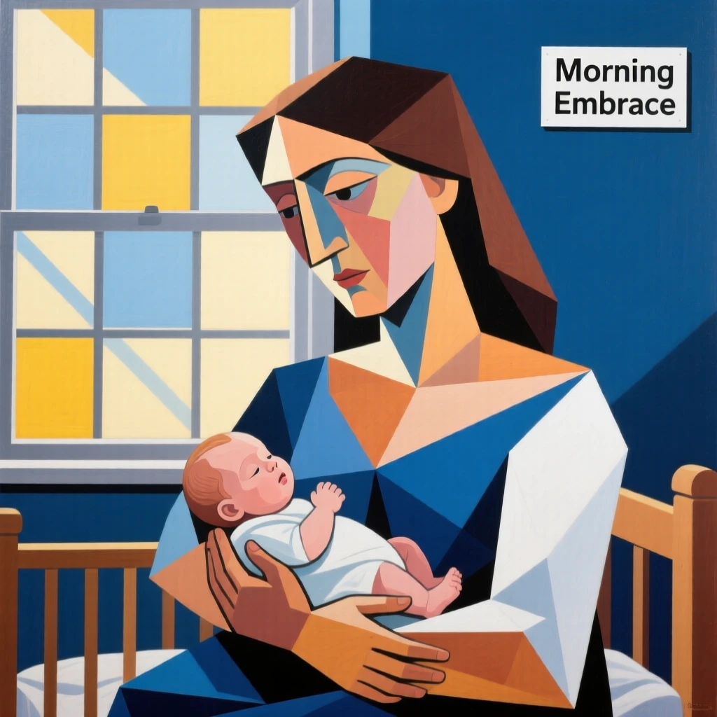 A mother cradling her newborn baby in soft morning light by a nursery window.