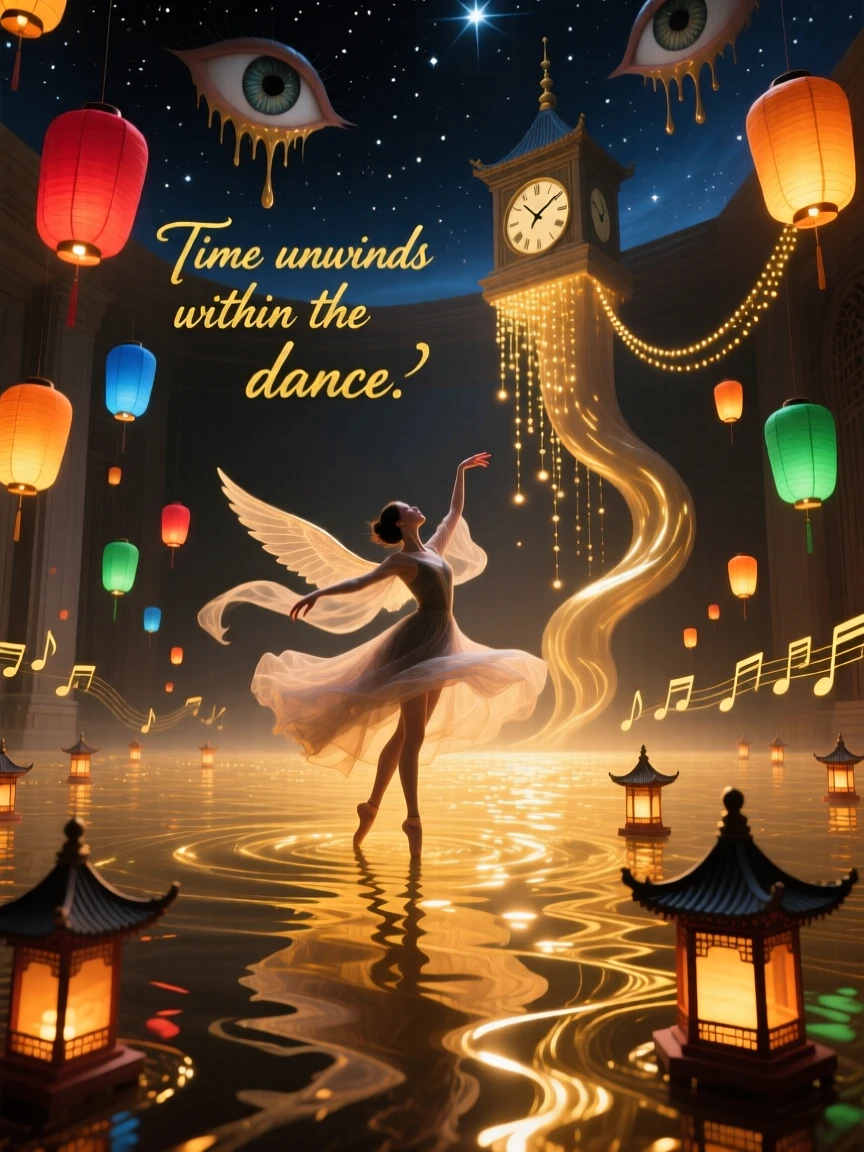 A dancer spinning slowly at the center of a room filled with floating lanterns moves gracefully through a scene bathed in soft golden light, while distant sounds drift softly through the surrounding air.